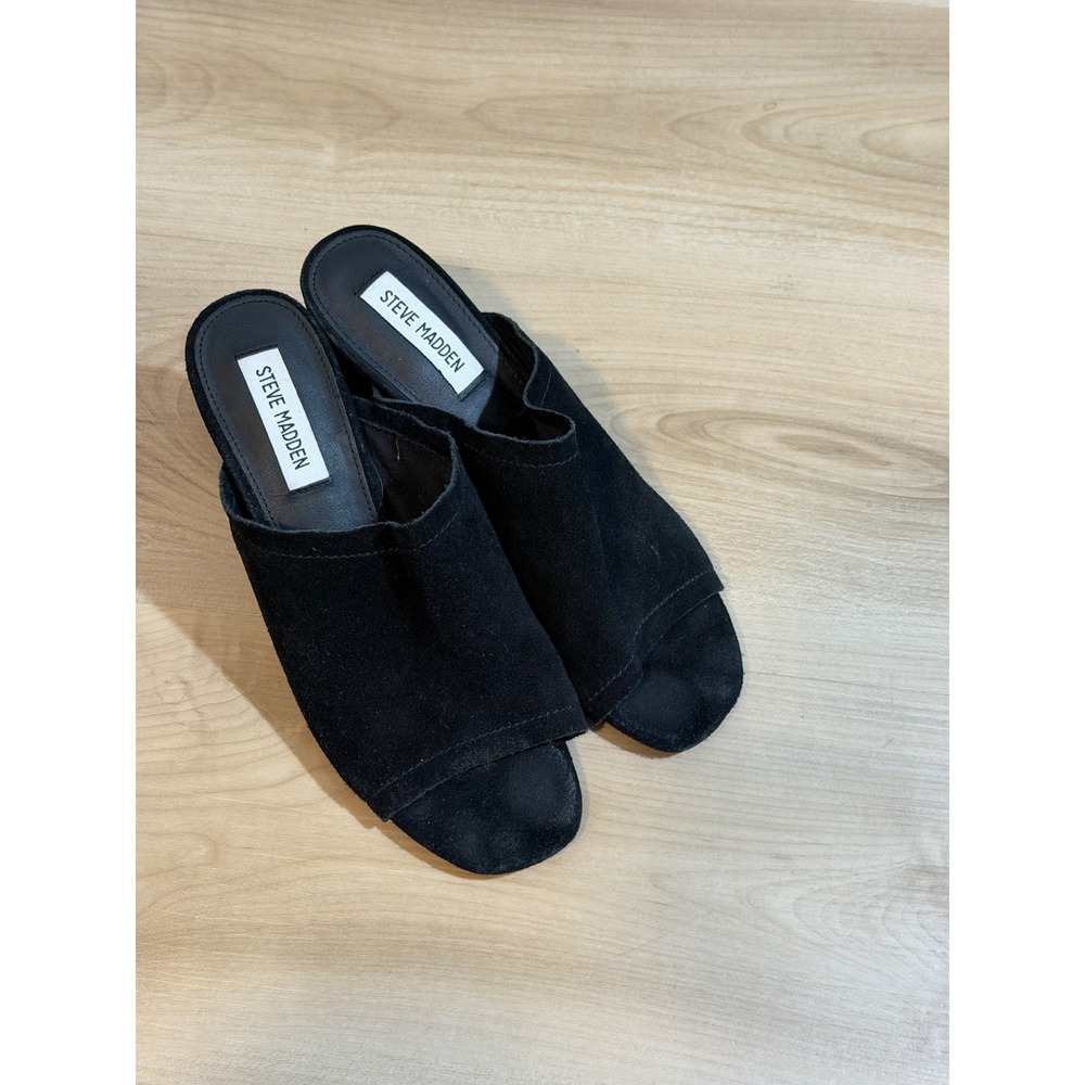 Steve Madden Deco Mules Black 8 Women Block Heel Suede Open Toe DECO01S1